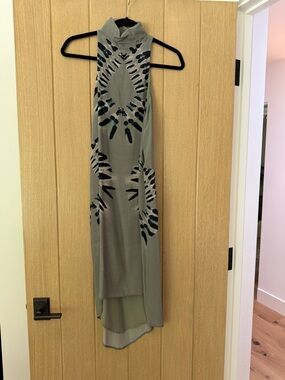 High-Neck Olive Green Tie-Dye High-Low Maxi Dress